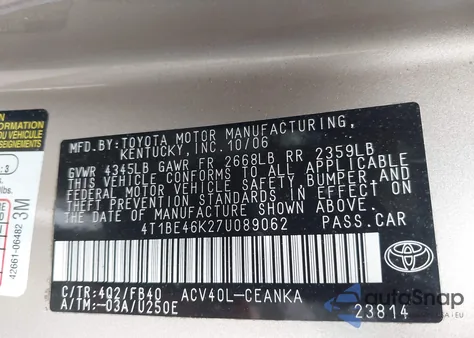 2007 Toyota Camry Le z USA, uszkodzony, nr VIN 4T1BE46K27U089062